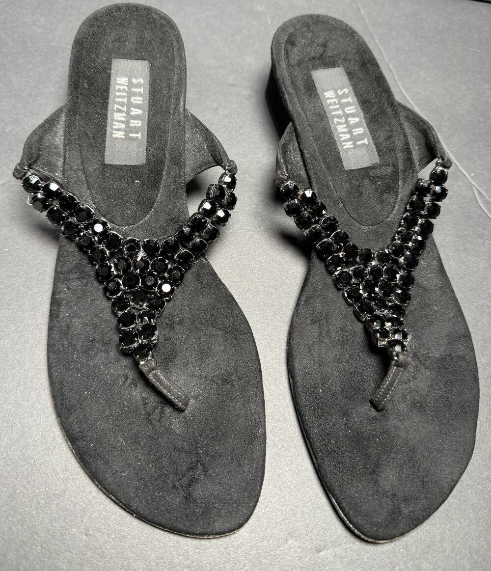 Stuart Weitzman Black Suede Crystal Thong Sandal US 8 Cruise Leisure Resort Wear